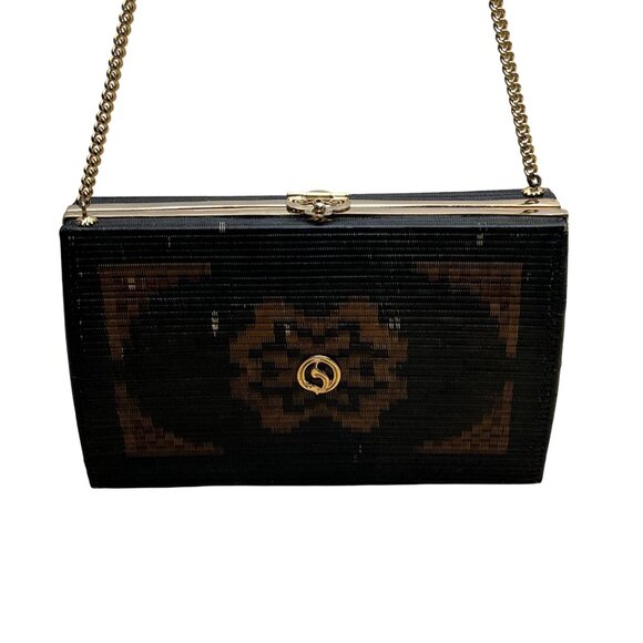 Handcrafted Women’s Black & Brown Chain Strap Woven Pattern Hardcase Clutch Bag - Picture 2 of 10